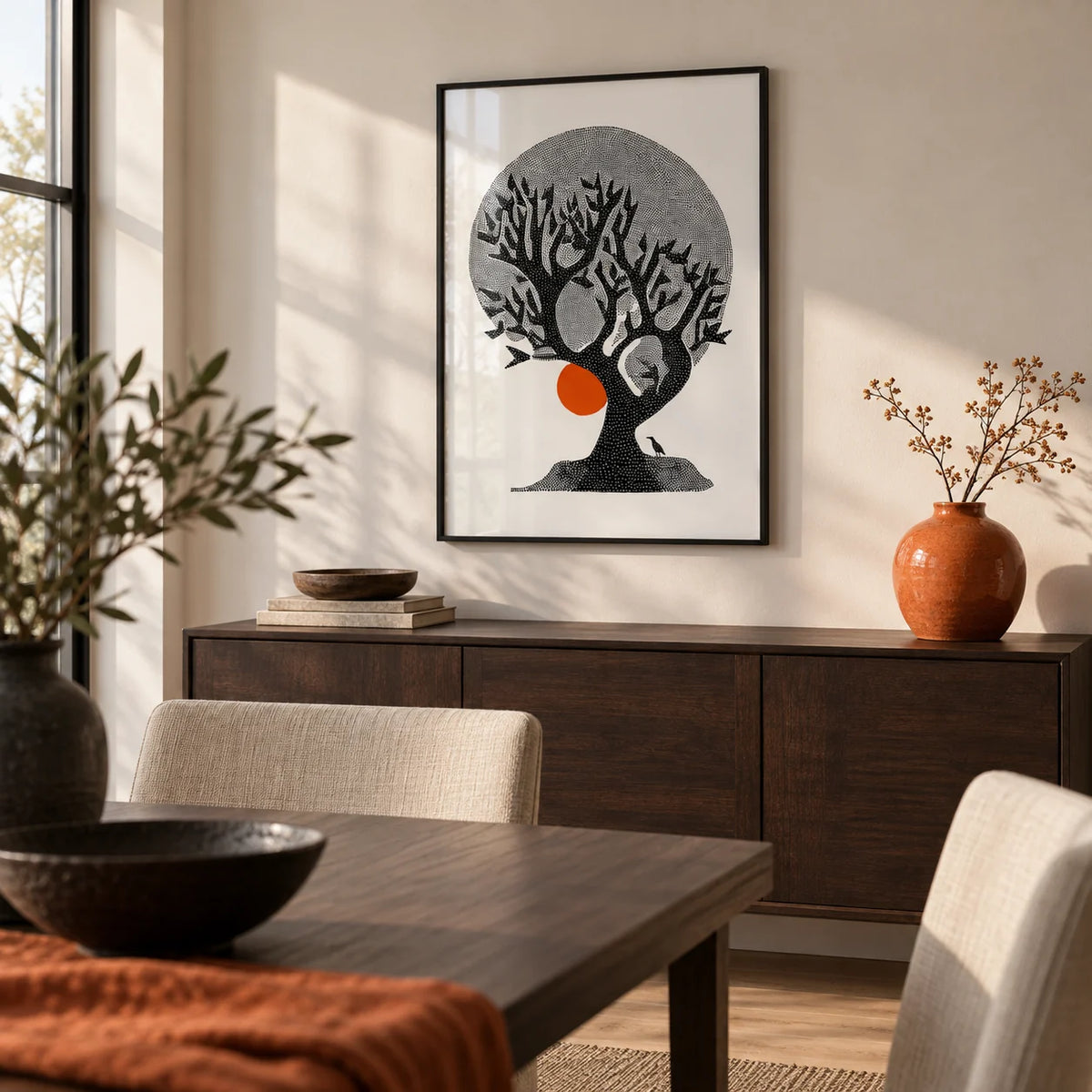 Indian Tree Art Print, framed on the wall of a minimal dining room