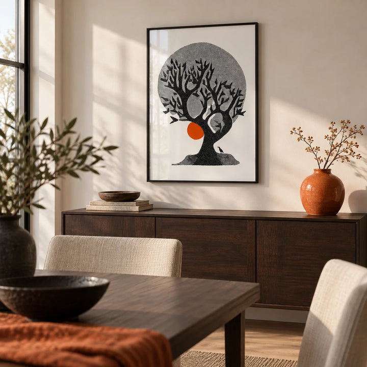 Indian Tree Art Print, framed on the wall of a minimal dining room
