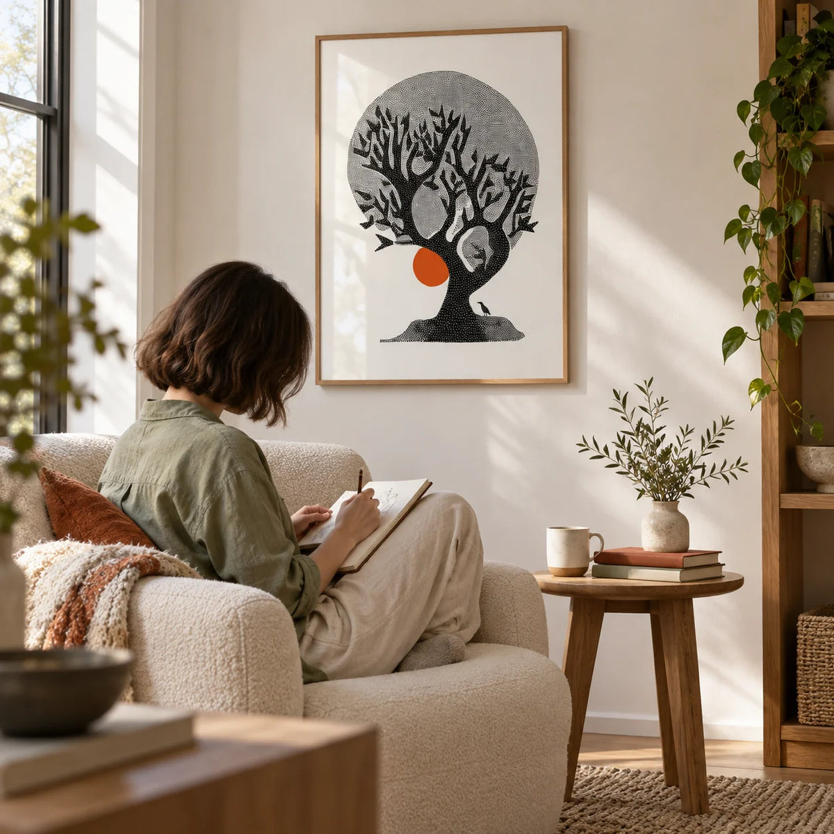 Indian Tree Art Print, framed on the wall of a quiet reading corner in a living room