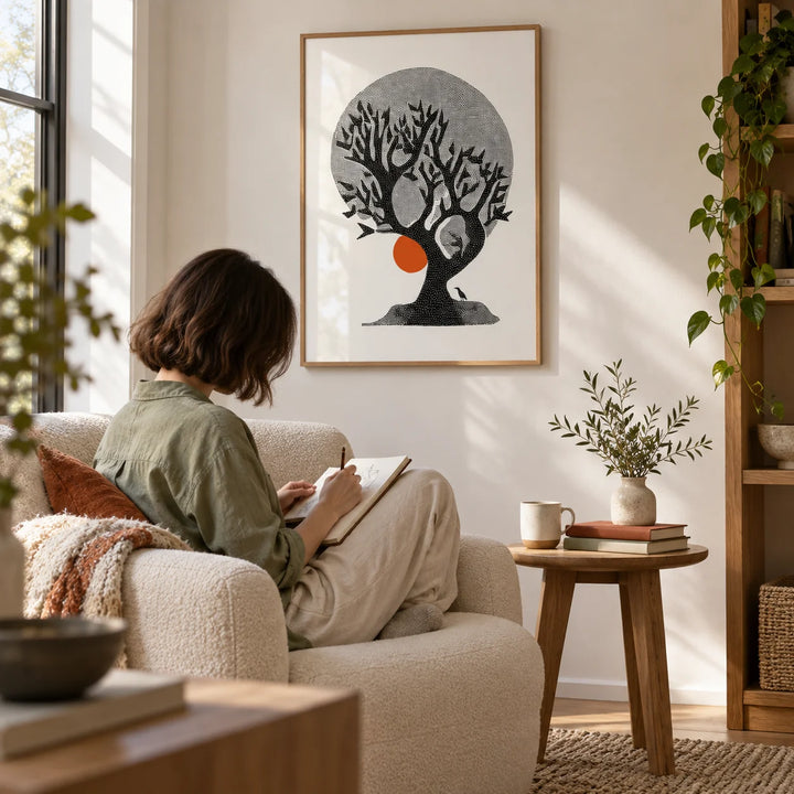 Indian Tree Art Print, framed on the wall of a quiet reading corner in a living room