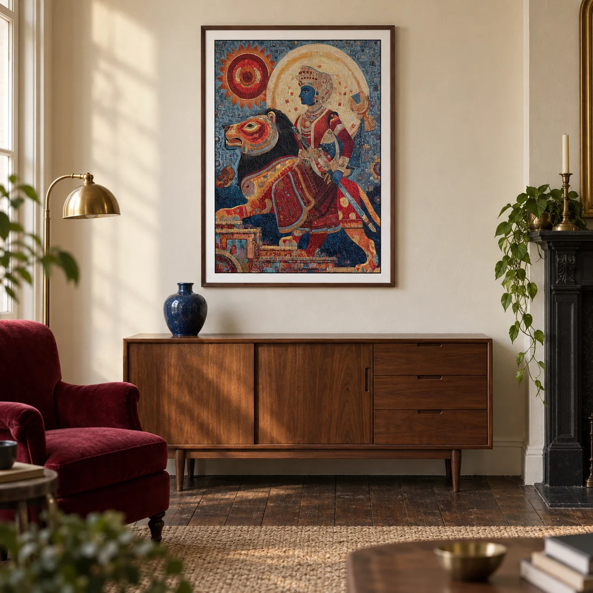 Indian Warrior Wall Art, framed on the wall of a characterful living room in a UK Victorian terrace with warm ivory plaster walls and dark wood floorboards
