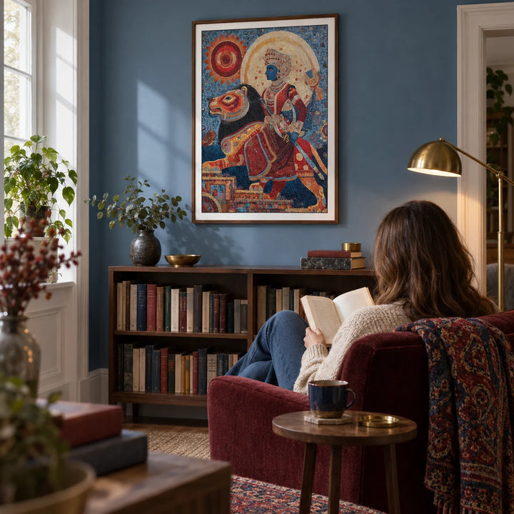 Indian Warrior Wall Art, framed on the wall of a quiet reading corner in a UK flat with a muted blue wall in a living room