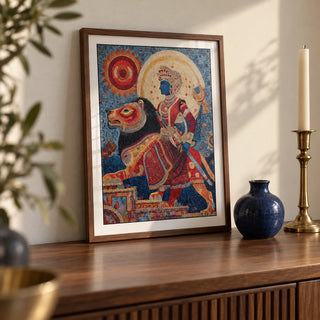 Indian Warrior Wall Art, a small A4 framed print leaning on a walnut side table in a hallway