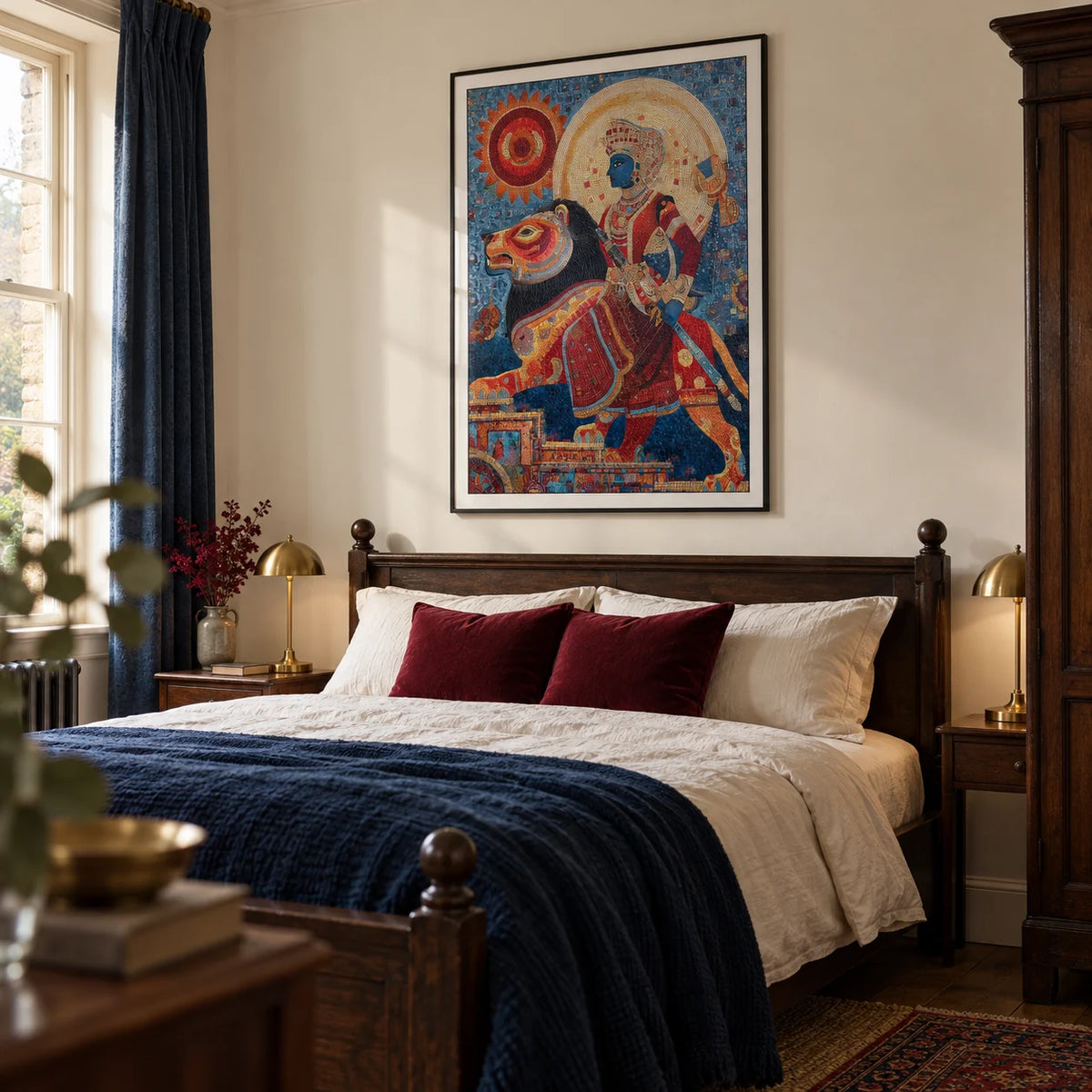 Indian Warrior Wall Art, framed on the wall of a warm bedroom in a UK period home with ivory walls and dark timber furniture
