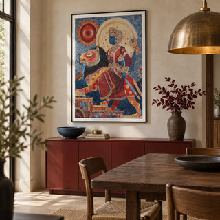 Indian Warrior Wall Art, framed on the wall of a warm contemporary dining room in a UK home with pale stone walls