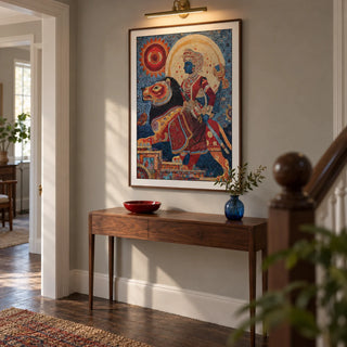 Indian Warrior Wall Art, framed on the wall of a welcoming hallway in a UK terraced house with pale warm grey walls and dark wooden floorboards