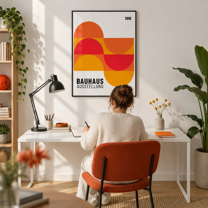 Inexpensive Artwork, framed on the wall of a design-led home office with a white wall and a light oak floor