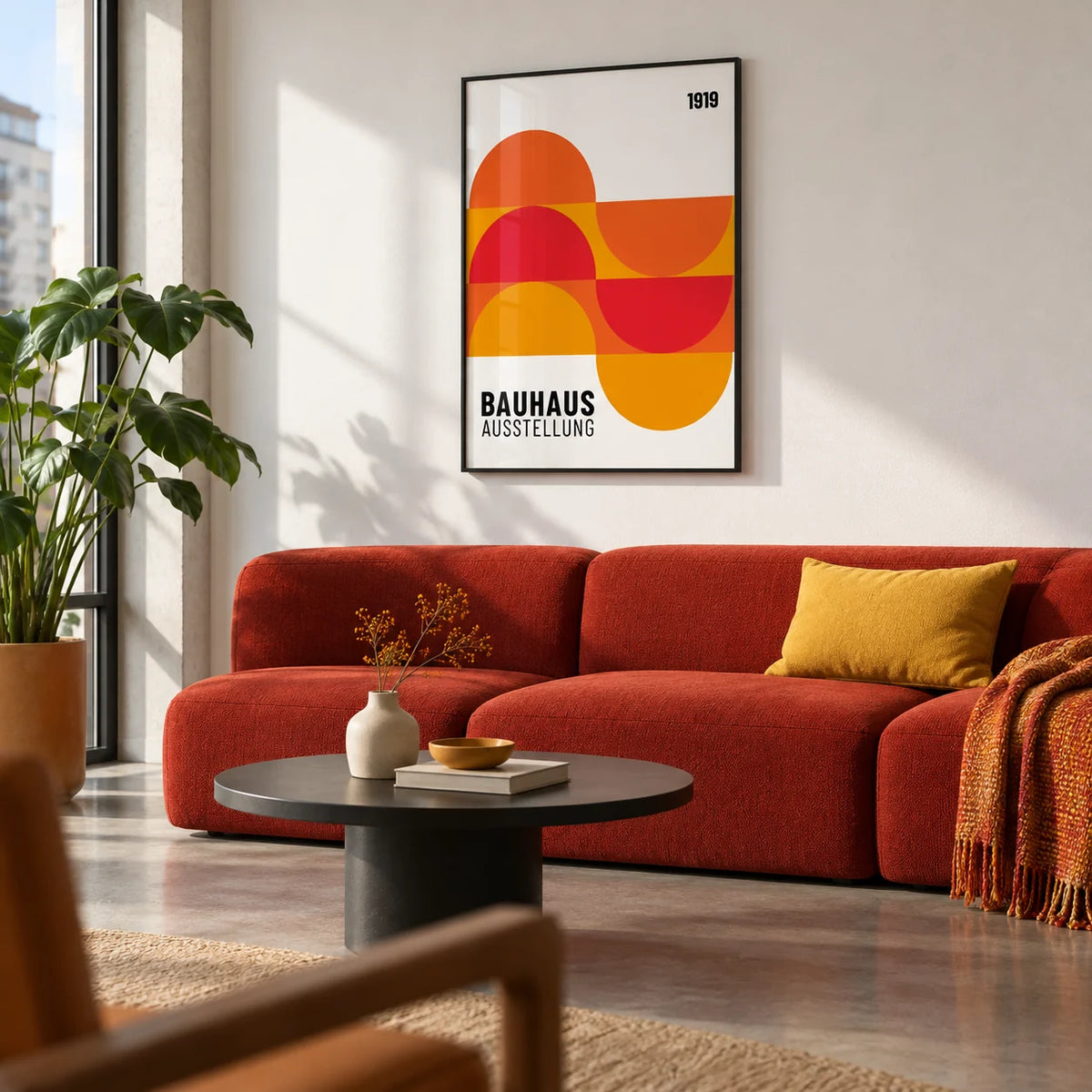 Inexpensive Artwork, framed on the wall of a modern city flat living room with a white wall and a polished concrete floor