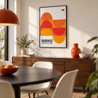 Inexpensive Artwork, framed on the wall of a modern dining room with a soft white wall