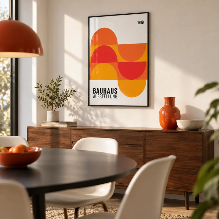 Inexpensive Artwork, framed on the wall of a modern dining room with a soft white wall