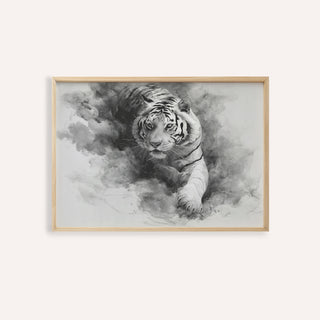 Framed print of a white tiger in watercolour style with grey and white tones