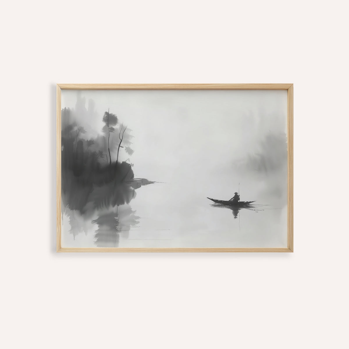 Japanese fisherman wall art in black and white ink for meditation space