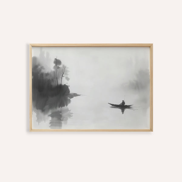 Japanese fisherman wall art in black and white ink for meditation space
