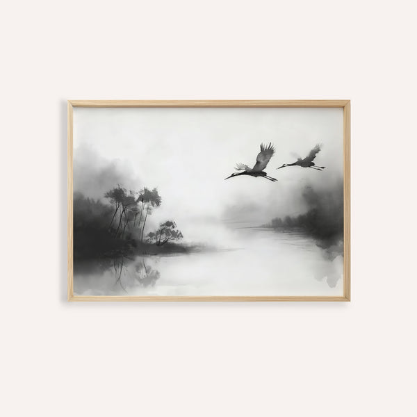Japanese cranes flying art in black ink over misty lake for bedroom