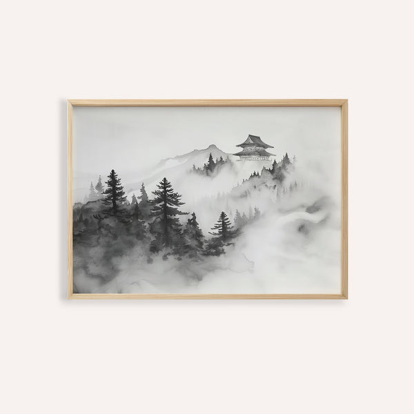 Minimalist mountain art with Japanese temple in black and white ink
