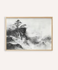 Asian tiger art featuring tiger on cliff above misty valley in black ink