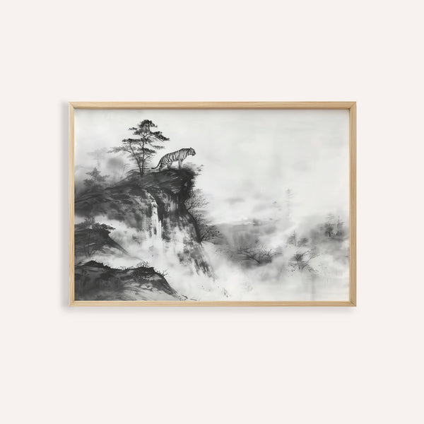Asian tiger art featuring tiger on cliff above misty valley in black ink