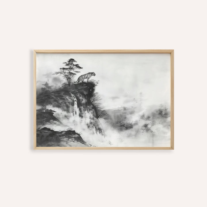 Asian tiger art featuring tiger on cliff above misty valley in black ink