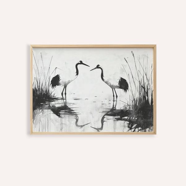 Minimalist bird print of two cranes in shallow water for entryway decor