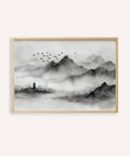 Black and white landscape print with misty mountains for living room wall art