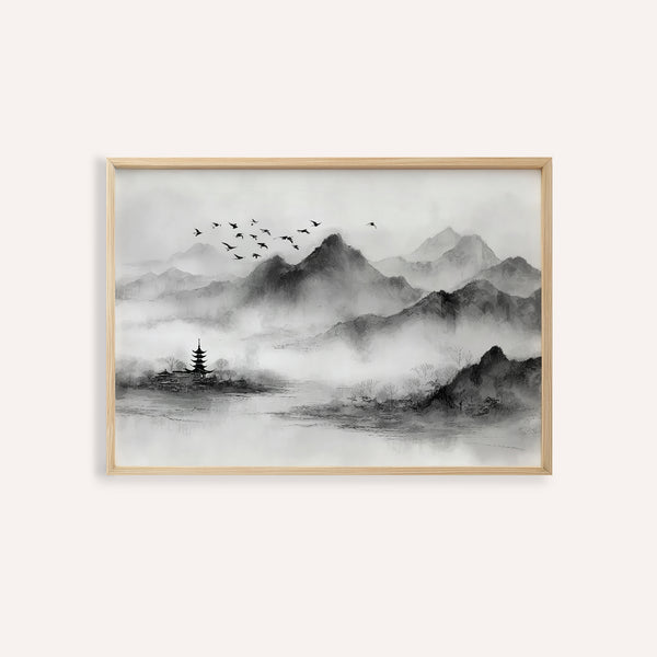 Black and white landscape print with misty mountains for living room wall art