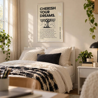 Inspiration Poster for Students, framed on the wall of a calm teenage girl's bedroom (14-17) with a soft cream wall