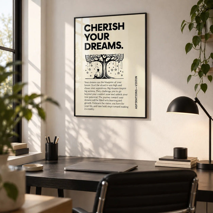 Inspiration Poster for Students, framed on the wall of a minimal home office with a white wall