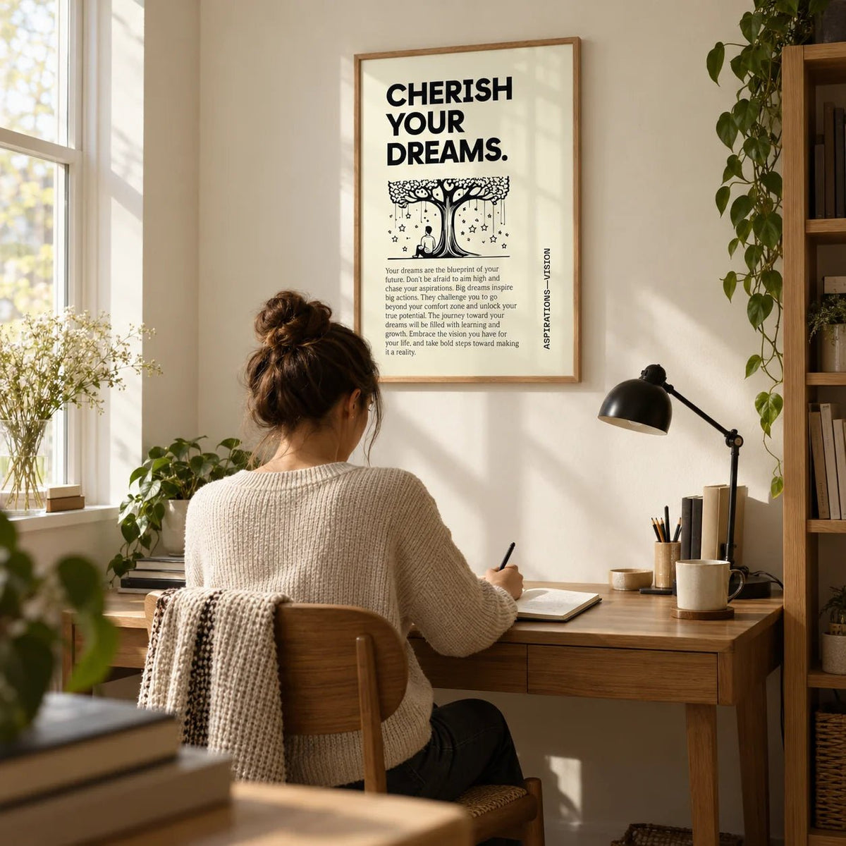 Inspiration Poster for Students, framed on the wall of a quiet study corner in a family home with a cream wall