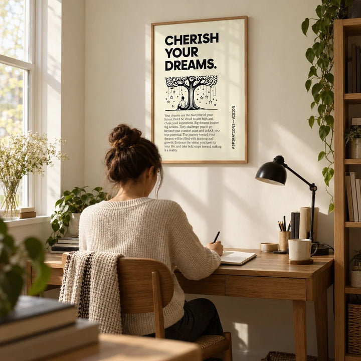Inspiration Poster for Students, framed on the wall of a quiet study corner in a family home with a cream wall