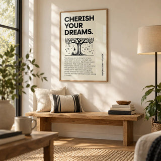 Inspiration Poster for Students, framed on the wall of a reading nook by a window with a cream wall in a living room
