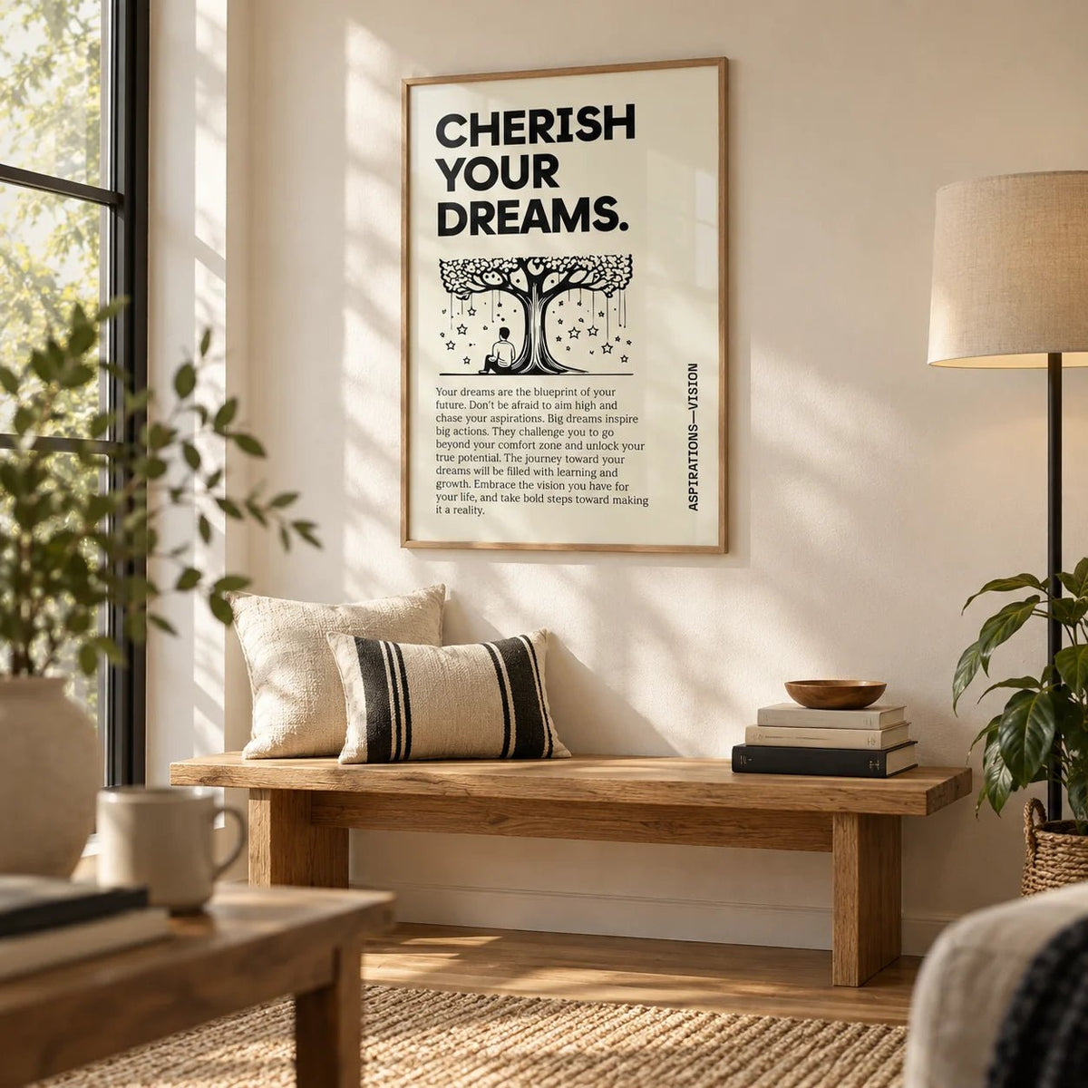 Inspiration Poster for Students, framed on the wall of a reading nook by a window with a cream wall in a living room
