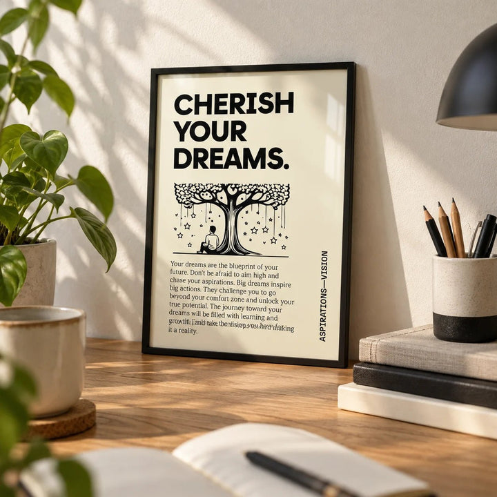 Inspiration Poster for Students, a small A4 framed print leaning on an oak desk