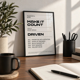 Inspiration Quotes Wall Art, a small A4 framed print leaning on a walnut desk