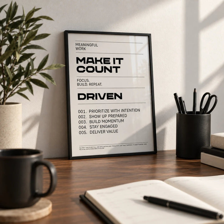 Inspiration Quotes Wall Art, a small A4 framed print leaning on a walnut desk