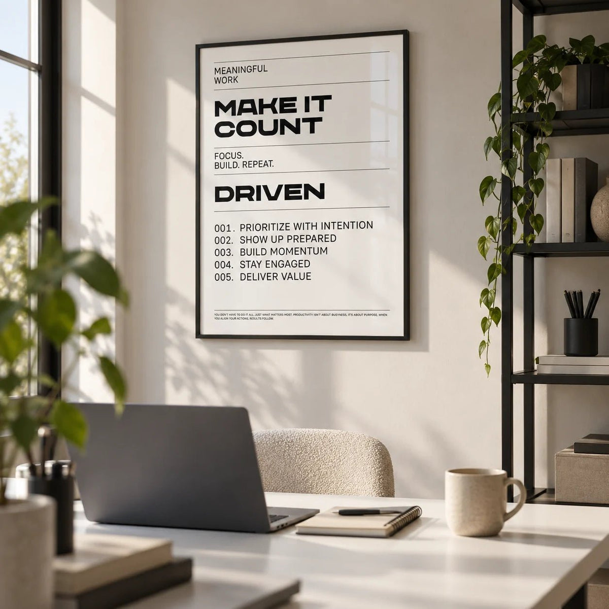 Inspiration Quotes Wall Art, framed on the wall of a small business studio in a home office