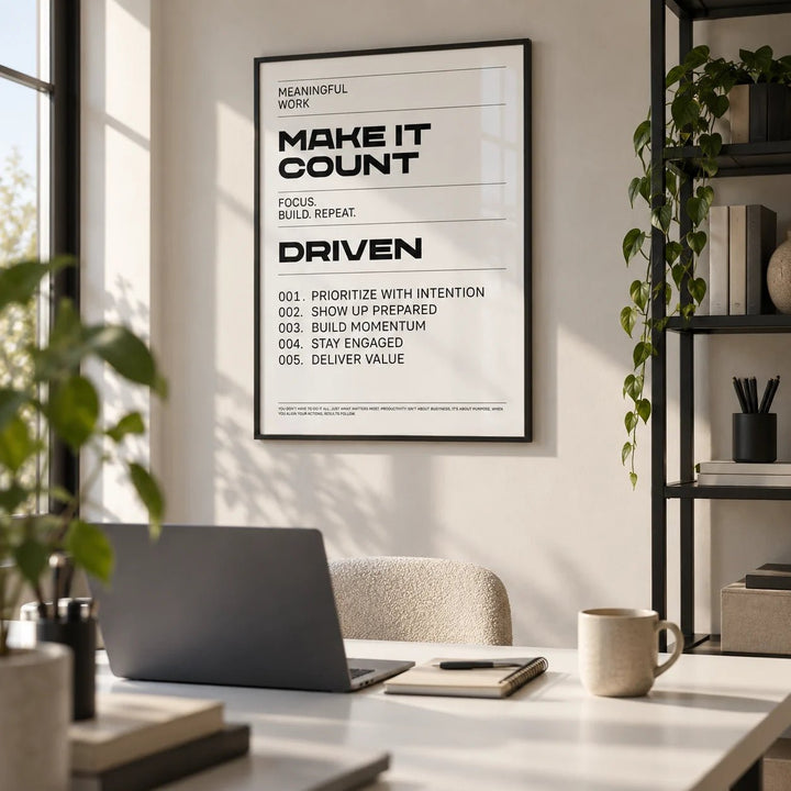 Inspiration Quotes Wall Art, framed on the wall of a small business studio in a home office