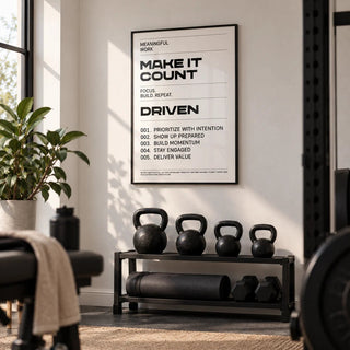 Inspiration Quotes Wall Art, framed on the wall of a small home gym