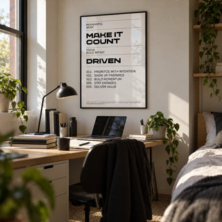 Inspiration Quotes Wall Art, framed on the wall of a tidy uni room (18-21) in a bedroom