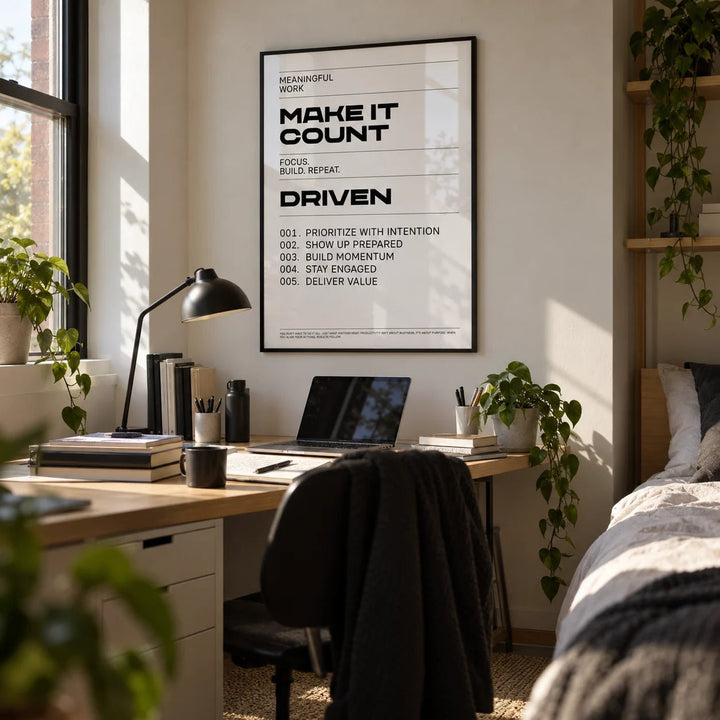 Inspiration Quotes Wall Art, framed on the wall of a tidy uni room (18-21) in a bedroom