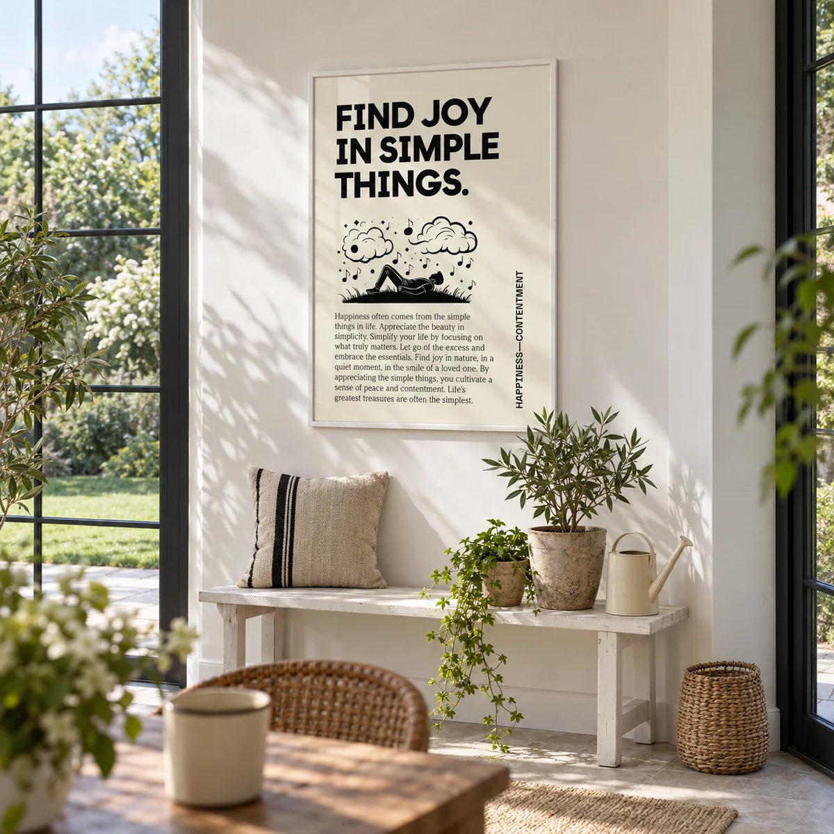 Inspirational Art Wall, framed on the wall of a bright garden room with a white wall and big windows onto a lawn
