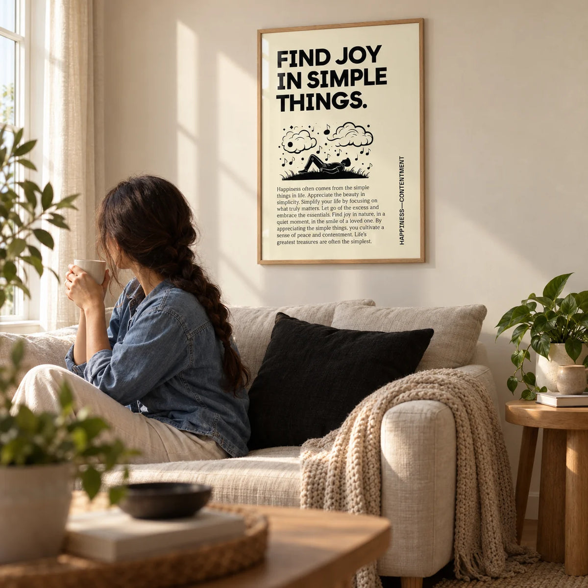 Inspirational Art Wall, framed on the wall of a cosy living room with a soft cream wall