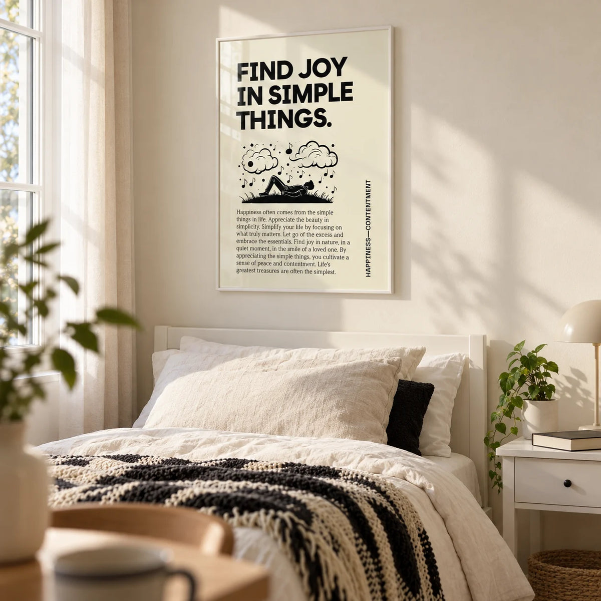 Inspirational Art Wall, framed on the wall of a peaceful young lady's bedroom (18-25) with a cream wall