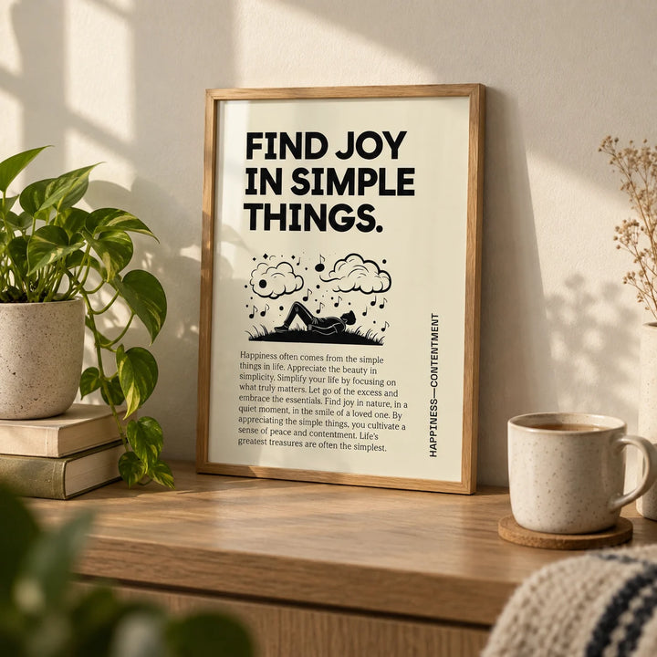 Inspirational Art Wall, a small A4 framed print leaning on an oak shelf in a living room