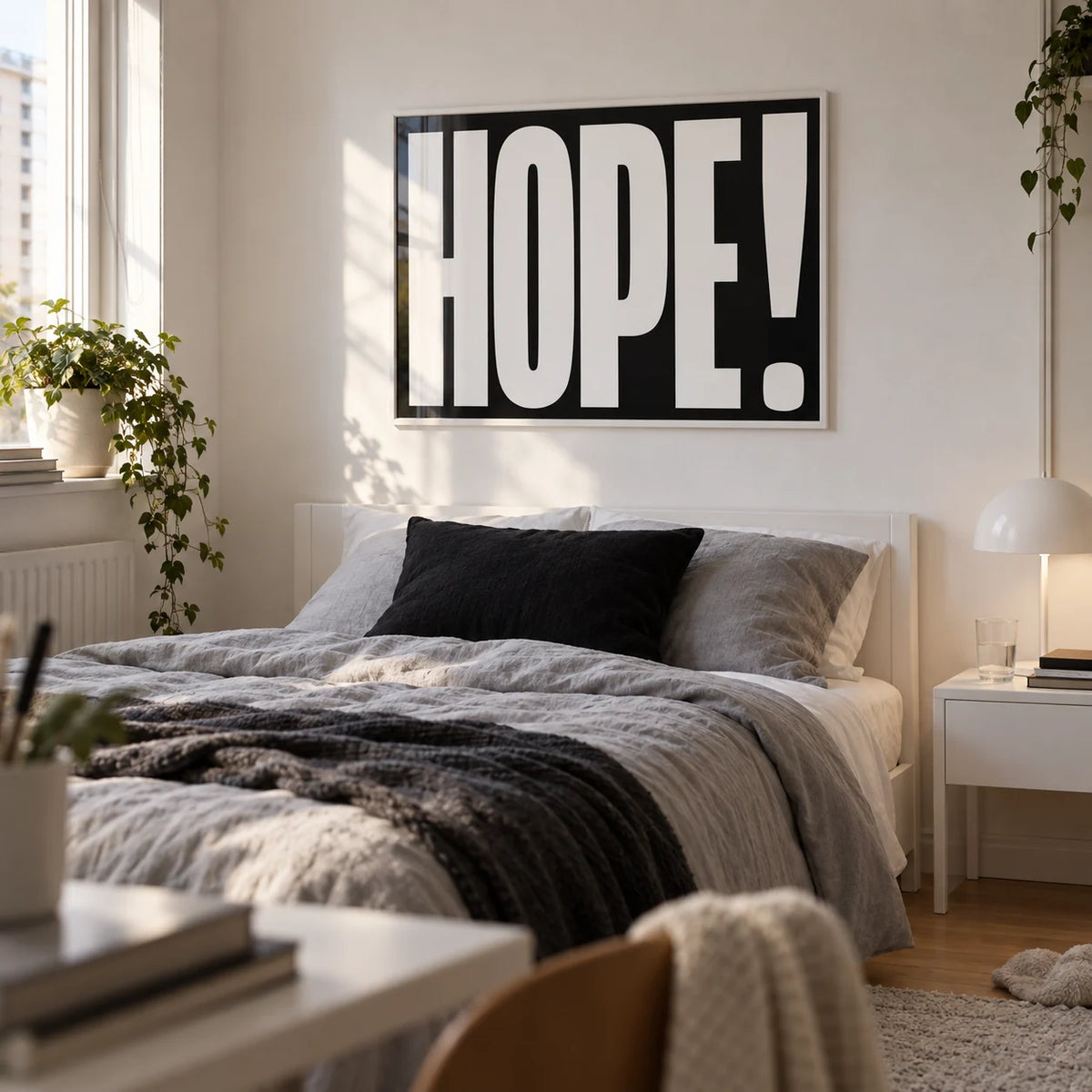 Inspirational Artwork, framed on the wall of a calm single bedroom for a young woman (17-24) with a white wall