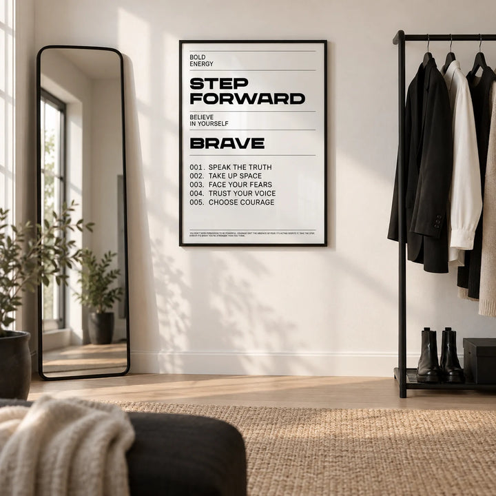 Inspirational Quotes Artwork, framed on the wall of a modern dressing area with a white wall and a pale oak floor