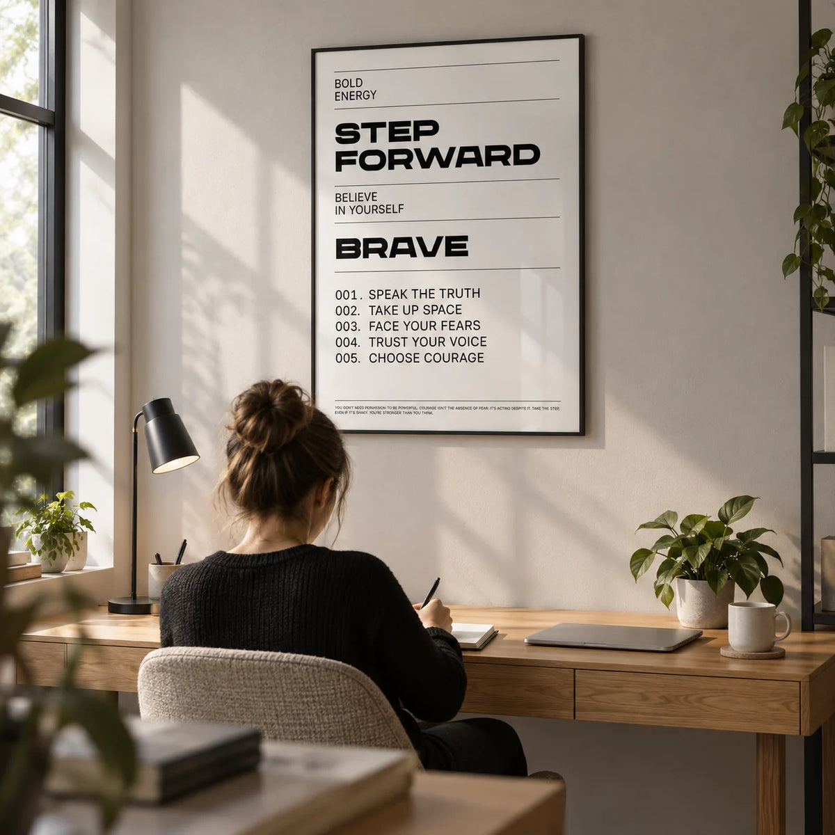 Inspirational Quotes Artwork, framed on the wall of a modern home office with a light grey wall