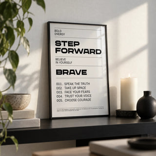Inspirational Quotes Artwork, a small A4 framed print leaning on a black shelf in a living room