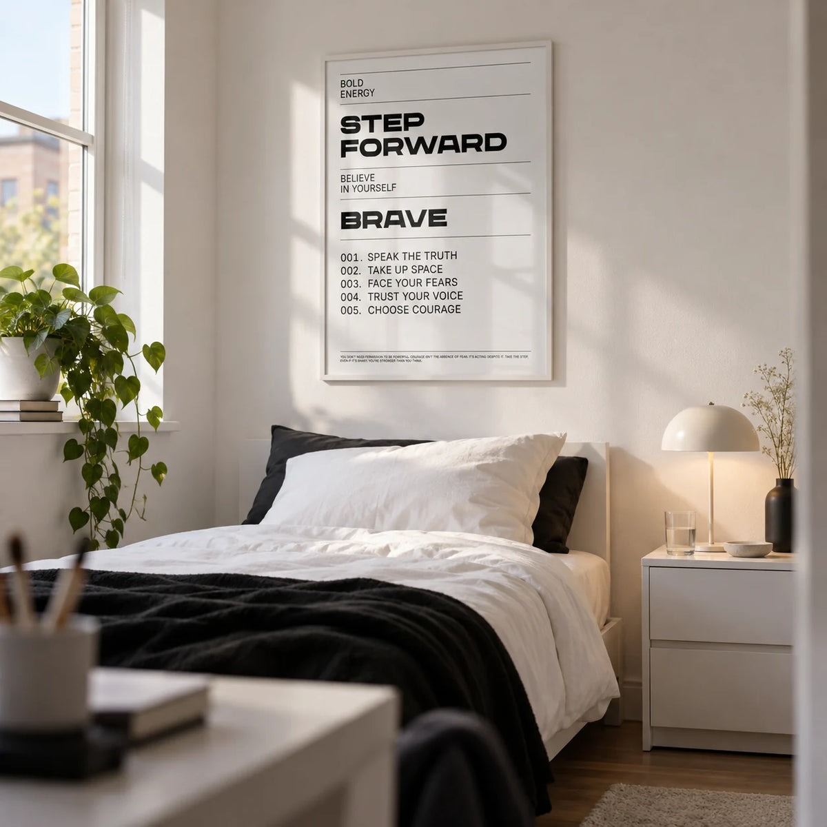 Inspirational Quotes Artwork, framed on the wall of a young woman's single bedroom (19-25) in a shared flat