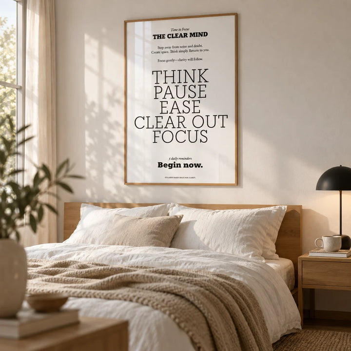 Inspirational Quotes for Office Wall, framed on the wall of a calm bedroom with a soft white wall