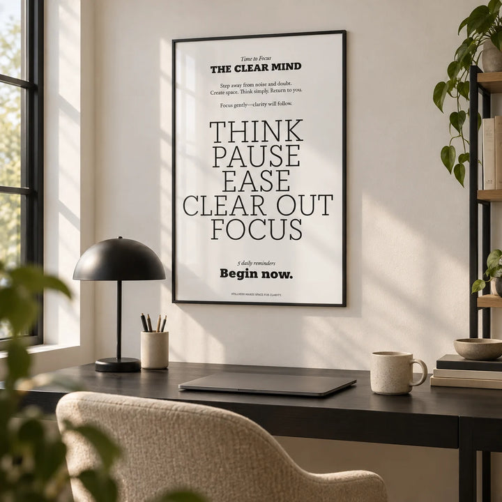 Inspirational Quotes for Office Wall, framed on the wall of a minimal home office with a white wall